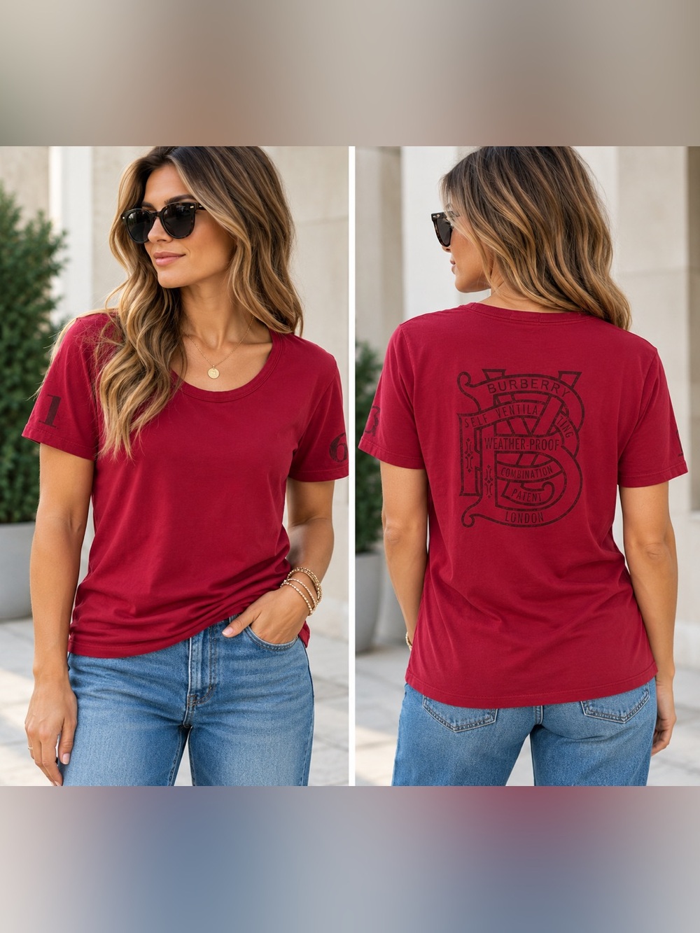 Burberry Red/Burgundy Short-Sleeve Casual Luxury Logo Tee 100% Cotton Large